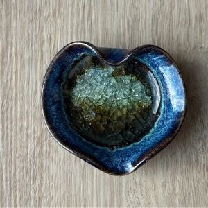 Handmade Ceramic Heart-Shaped Trinket Ring Dish Recycled Glass Blue Pottery